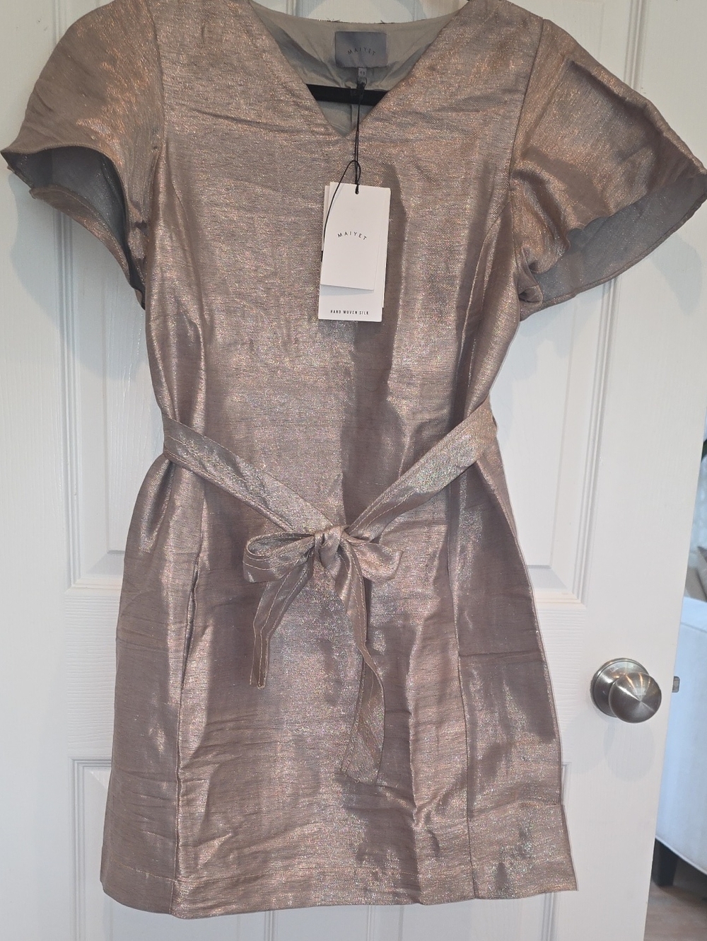 MAIYET Metallic Rose Mini Dress with Tie Belt 59% Zari, 28% Cotton, 15% Silk
